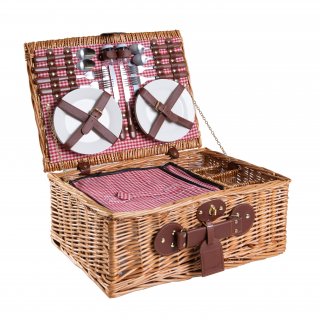 Cesta de Mimbre para Picnic - 4 Personas - Cubiertos de Acero Inoxidable Nevera Vasos de Vino y Platos de cermica includos - Color tartn rojo de 47 x 34 x 20 cm