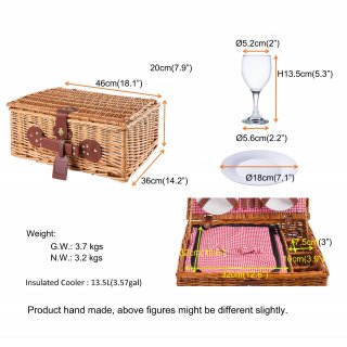 Cesta de Mimbre para Picnic - 4 Personas - Cubiertos de Acero Inoxidable Nevera Vasos de Vino y Platos de cermica includos - Color tartn rojo de 47 x 34 x 20 cm