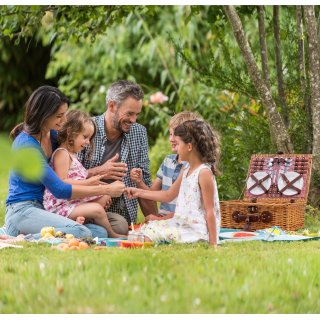 Cesta de Mimbre para Picnic - 4 Personas - Cubiertos de Acero Inoxidable Nevera Vasos de Vino y Platos de cermica includos - Color tartn rojo de 47 x 34 x 20 cm