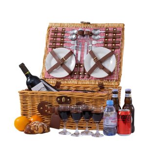 Cesta de Mimbre para Picnic - 4 Personas - Cubiertos de Acero Inoxidable Nevera Vasos de Vino y Platos de cermica includos - Color tartn rojo de 47 x 34 x 20 cm