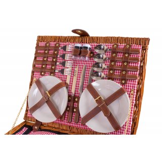 Cesta de Mimbre para Picnic - 4 Personas - Cubiertos de Acero Inoxidable Nevera Vasos de Vino y Platos de cermica includos - Color tartn rojo de 47 x 34 x 20 cm