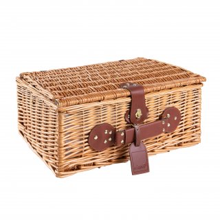 Cesta de Mimbre para Picnic - 4 Personas - Cubiertos de Acero Inoxidable Nevera Vasos de Vino y Platos de cermica includos - Color tartn rojo de 47 x 34 x 20 cm