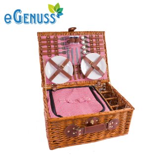 eGenuss Wicker Picnic Basket for 4 People - Stainless Steel Cutlery, Cooler, Wine Glasses and Ceramic Plates Included ? Red Gingham Pattern 47x34x20 cm