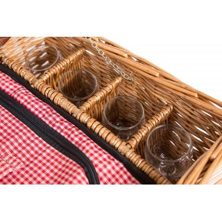 eGenuss Wicker Picnic Basket for 4 People - Stainless Steel Cutlery, Cooler, Wine Glasses and Ceramic Plates Included ? Red Gingham Pattern 47x34x20 cm
