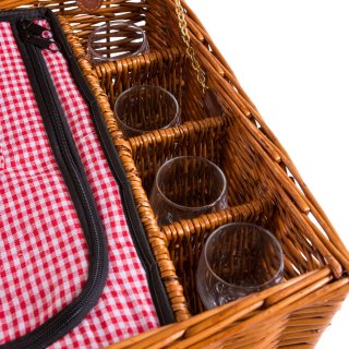 eGenuss Wicker Picnic Basket for 4 People - Stainless Steel Cutlery, Cooler, Wine Glasses and Ceramic Plates Included ? Red Gingham Pattern 47x34x20 cm