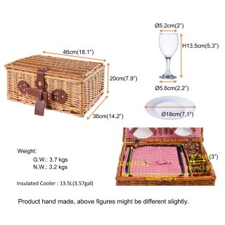 Weidengeflecht Picknickkorb mit K�hlfach & Zubeh�r-Geschirr, Besteck, Weingl�ser - Geschenkidee f�r Camping, Outdoor & Familie | F�r 4 Personen | Rot