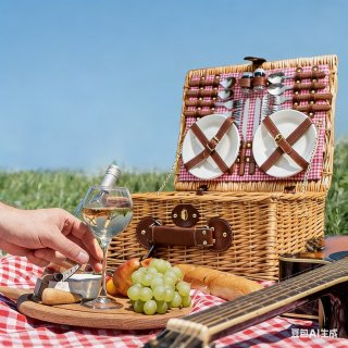 Weidengeflecht Picknickkorb mit K�hlfach & Zubeh�r-Geschirr, Besteck, Weingl�ser - Geschenkidee f�r Camping, Outdoor & Familie | F�r 4 Personen | Rot