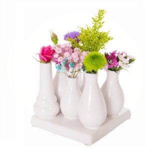 Jinfa Assortment of 7 Ceramic Flower Vases - Decorative Flower Pots - 1 Tray of 7 White Vases