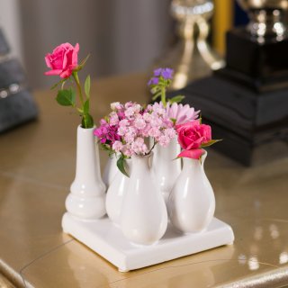 Jinfa Assortment of 7 Ceramic Flower Vases - Decorative Flower Pots - 1 Tray of 7 White Vases