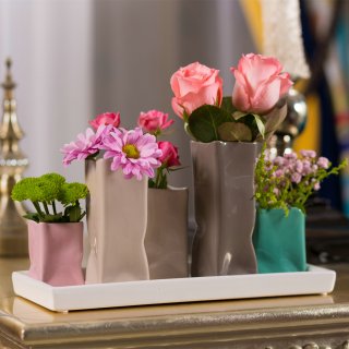Jinfa Assortment of 5 Ceramic Flower Vases - Decorative Flower Pots - 1 Tray of 5 Multicolored Vases