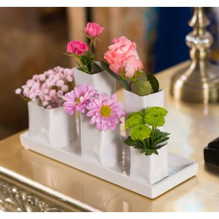 Jinfa Assortment of 5 Ceramic Flower Vases - Decorative Flower Pots - 1 Tray of 5 White Vases