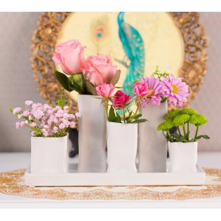 Jinfa Assortment of 5 Ceramic Flower Vases - Decorative Flower Pots - 1 Tray of 5 White Vases