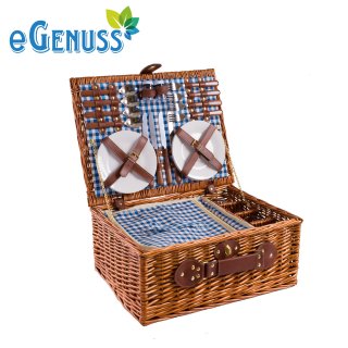 eGenuss - Cestino da picnic fatto a mano per 4 persone - Include posate in acciaio inox, frigorifero, calici da vino e piatto in ceramica - Modello tartan blu 47x34x20 cm