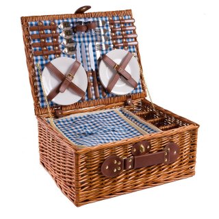 eGenuss Wicker Picnic Basket for 4 People - Stainless Steel Cutlery, Cooler, Wine Glasses and Ceramic Plates Included ? Blue Gingham Pattern 47x34x20 cm