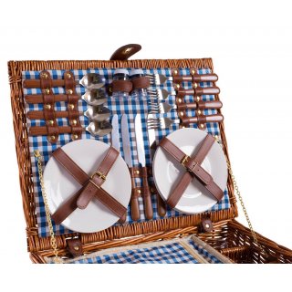 eGenuss Wicker Picnic Basket for 4 People - Stainless Steel Cutlery, Cooler, Wine Glasses and Ceramic Plates Included ? Blue Gingham Pattern 47x34x20 cm