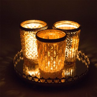 Jinfa 3er Set Teelichtglser auf Spiegelplatte in Gold