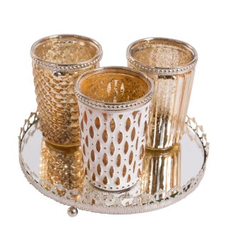 Set of 3 Decorative Glass Candle Holders with Mirror Tray - Antique Gold Candle Holders