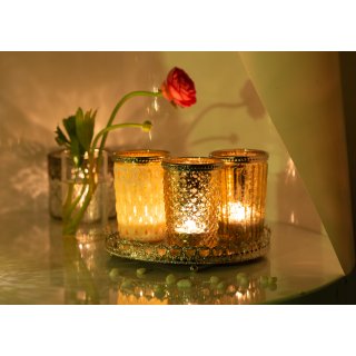 Set of 3 Decorative Glass Candle Holders with Mirror Tray - Antique Gold Candle Holders