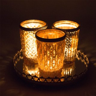 Set of 3 Decorative Glass Candle Holders with Mirror Tray - Antique Gold Candle Holders