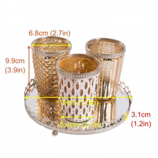 Set of 3 Decorative Glass Candle Holders with Mirror Tray - Antique Gold Candle Holders