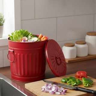 Jinfa | Cubo de basura de metal galvanizado con asas y tapa | Rojo | Di�metro � 21,5 cm - Altura 21,5 cm | Capacidad: 7 litros