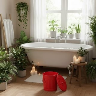 Jinfa� | Piccolo bidone della spazzatura in metallo con manici e coperchio | Rosso | � 21,5 cm, h 21,5 cm | Capienza 7 litri