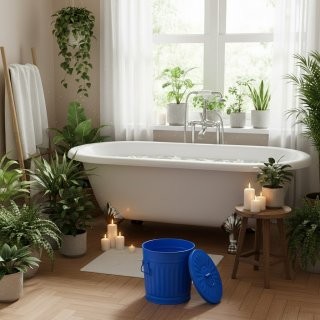 Jinfa Metall M�lleimer mit Deckel und Tragegriffen ? f�r gelben Sack,Pfandbeh�lter,Kamin Ascheeimer,Futtertonne,Pelletbeh�lter | Blau | 7L