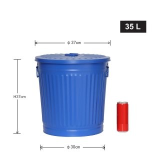 Jinfa | Cubo de basura de metal galvanizado con asas y tapa | Azul | Di�metro � 36 cm - Altura 36,5 cm | Capacidad: 35 litros