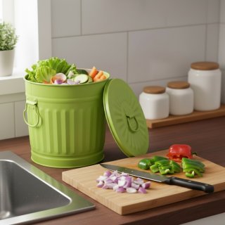 Jinfa� | Piccolo bidone della spazzatura in metallo con manici e coperchio | Verde | � 21,5 cm, h 21,5 cm | Capienza 7 litri