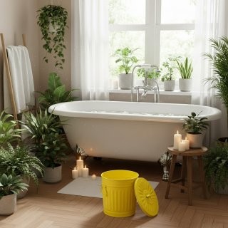 Jinfa Poubelle Vintage/R�tro - Panier � Linge avec Couvercle et Poign�es de Transport - Bac � Ordures en M�tal - Jaune 7 Litres