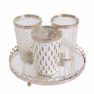 Set of 3 Decorative Glass Candle Holders with Mirror Tray - Antique White Candle Holder