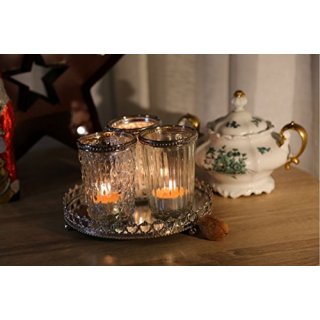 Set of 3 Decorative Glass Candle Holders with Mirror Tray - Antique White Candle Holder
