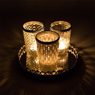 Set of 3 Decorative Glass Candle Holders with Mirror Tray - Antique White Candle Holder