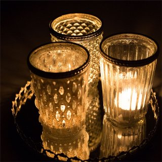 Set of 3 Decorative Glass Candle Holders with Mirror Tray - Antique White Candle Holder