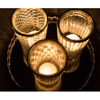 Set of 3 Decorative Glass Candle Holders with Mirror Tray - Antique White Candle Holder