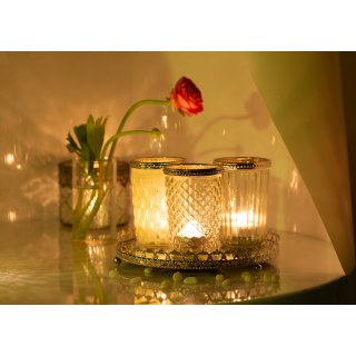 Set of 3 Decorative Glass Candle Holders with Mirror Tray - Antique White Candle Holder