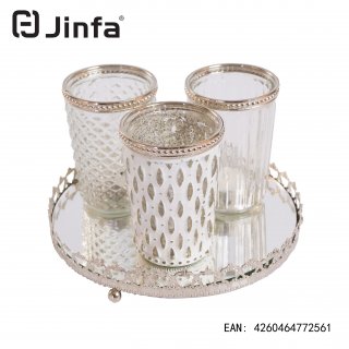 Set of 3 Decorative Glass Candle Holders with Mirror Tray - Antique White Candle Holder
