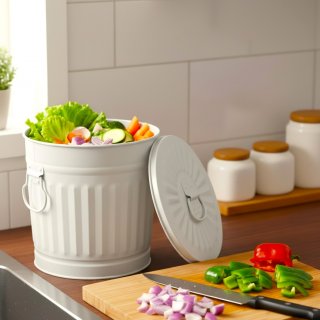 Jinfa Metal Trash Can with handles | 7 Litres | �21.5 cm, Height 21.5 cm | Size S | Cream White