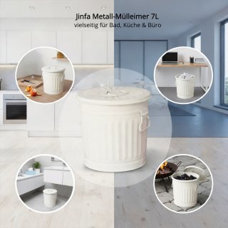 Jinfa� | Piccolo bidone della spazzatura in metallo con manici e coperchio | Bianco crema | � 21,5 cm, h 21,5 cm | Capienza 7 litri