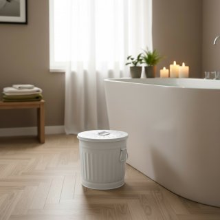 Jinfa� | Piccolo bidone della spazzatura in metallo con manici e coperchio | Bianco crema | � 21,5 cm, h 21,5 cm | Capienza 7 litri