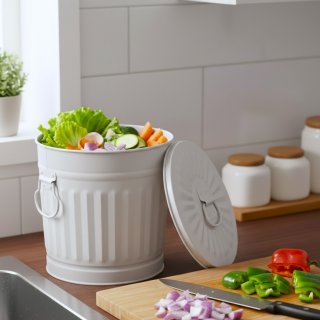 Jinfa� | Piccolo bidone della spazzatura in metallo con manici e coperchio | Grigio | � 21,5 cm, h 21,5 cm | Capienza 7 litri