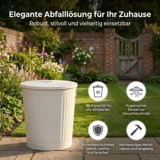 Jinfa Metal Trash Can with handles | 35 Litres | � 36 cm, Height 36.5 cm | Size L | Cream White