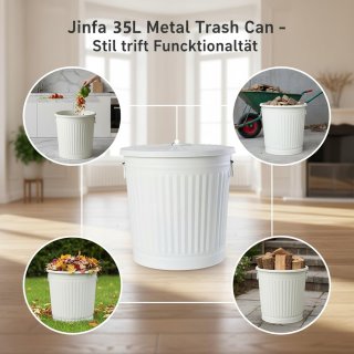 Jinfa Metall M�lleimer mit Deckel und Tragegriffen - f�r gelben Sack,Pfandbeh�lter,Kamin Ascheeimer,Futtertonne,Pelletbeh�lter | milchig | 35L