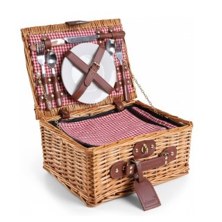 Cesta de Mimbre para Picnic - 2 Personas - Cuchillo Multifuncional Copas de Vino Nevera Cubiertos en Acero Inoxidable y Platos en cer�mica inclu�dos - Color tart�n rojo de 32 x 25 x 17 cm