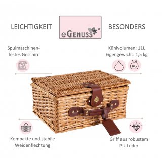 Cesta de Mimbre para Picnic - 2 Personas - Cuchillo Multifuncional Copas de Vino Nevera Cubiertos en Acero Inoxidable y Platos en cer�mica inclu�dos - Color tart�n rojo de 32 x 25 x 17 cm