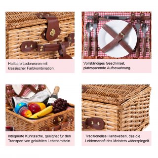 Cesta de Mimbre para Picnic - 2 Personas - Cuchillo Multifuncional Copas de Vino Nevera Cubiertos en Acero Inoxidable y Platos en cer�mica inclu�dos - Color tart�n rojo de 32 x 25 x 17 cm