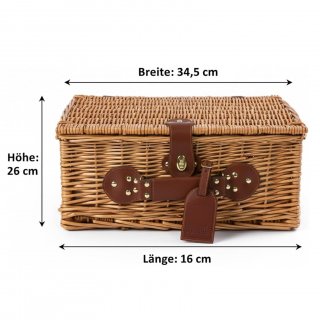 Cesta de Mimbre para Picnic - 2 Personas - Cuchillo Multifuncional Copas de Vino Nevera Cubiertos en Acero Inoxidable y Platos en cer�mica inclu�dos - Color tart�n rojo de 32 x 25 x 17 cm