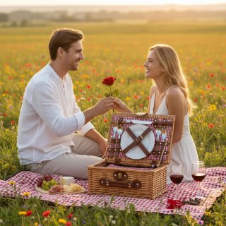 Cesta de Mimbre para Picnic - 2 Personas - Cuchillo Multifuncional Copas de Vino Nevera Cubiertos en Acero Inoxidable y Platos en cer�mica inclu�dos - Color tart�n rojo de 32 x 25 x 17 cm