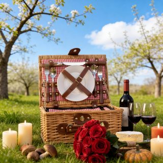 Cesta de Mimbre para Picnic - 2 Personas - Cuchillo Multifuncional Copas de Vino Nevera Cubiertos en Acero Inoxidable y Platos en cer�mica inclu�dos - Color tart�n rojo de 32 x 25 x 17 cm