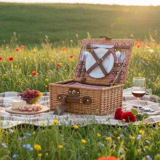 Cesta de Mimbre para Picnic - 2 Personas - Cuchillo Multifuncional Copas de Vino Nevera Cubiertos en Acero Inoxidable y Platos en cer�mica inclu�dos - Color tart�n rojo de 32 x 25 x 17 cm